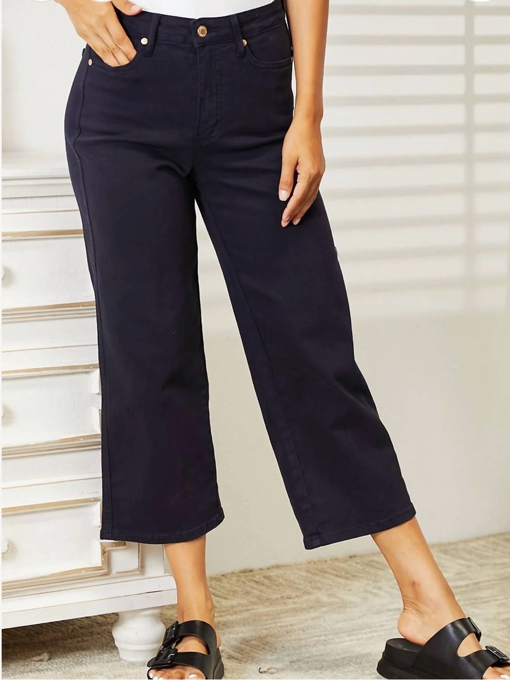 Judy Blue Tummy Control Wide Leg Crop Jeans High Rise Navy Size 14 Denim Casual